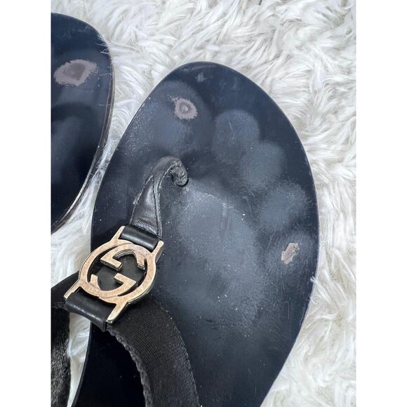 Gucci Shoes Womens Size 8 Black Logo Leather Sandals Slide Thong Made in Italy - Picture 8 of 14